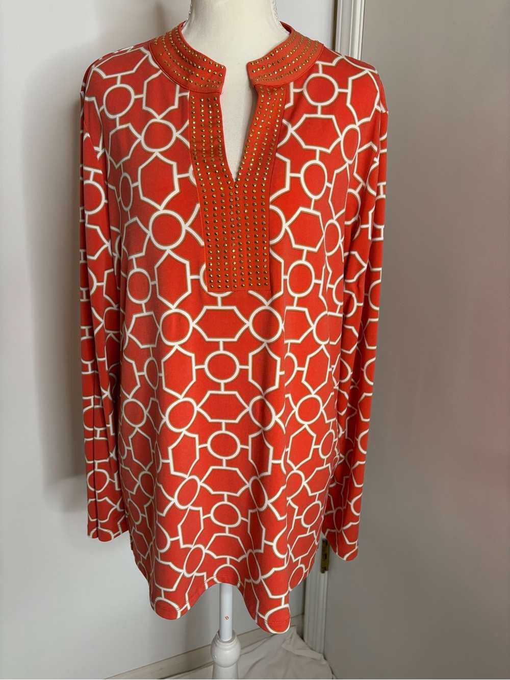 Charter Club Orange Geometric Stud-Trim Tunic